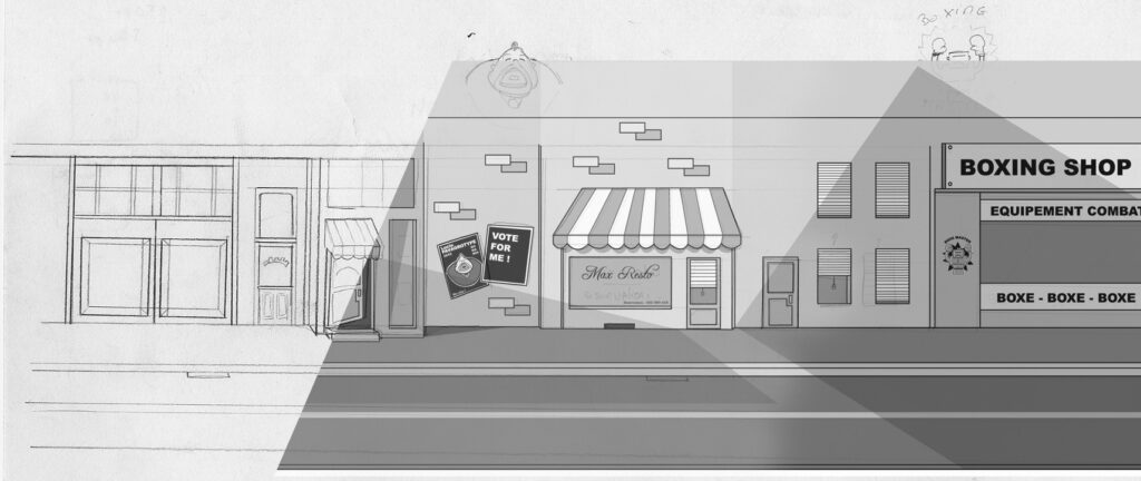 Crayonné, encrage et mise en couleur d'un des décors d'arrière plan du dessin animé.